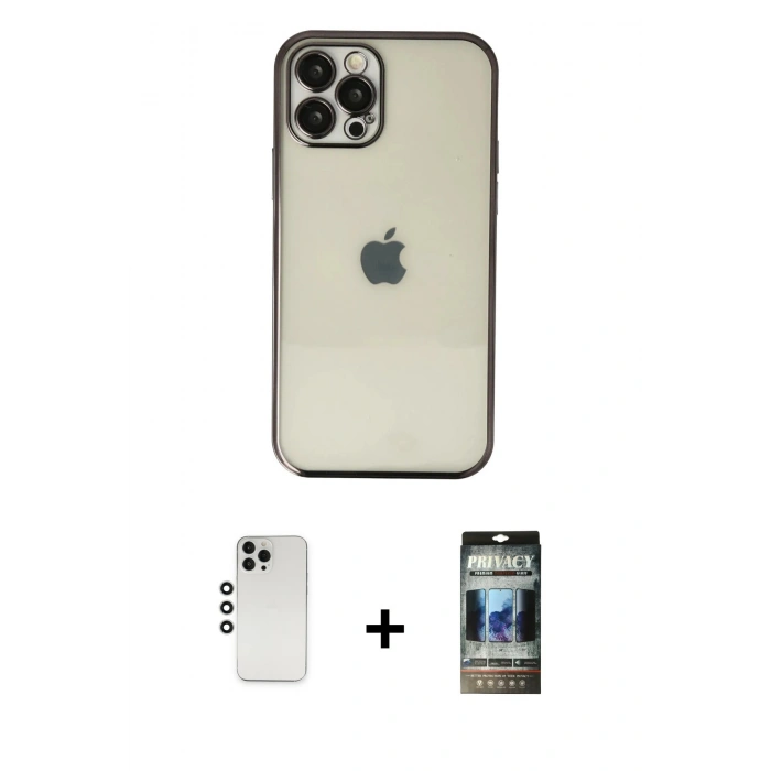 MARSİLYAN™- iPhone 12 Pro Kılıf Vadi Minimal - Siyah 34D Hayalet Izgaralı Cam + Shine Kamera Lens - GS