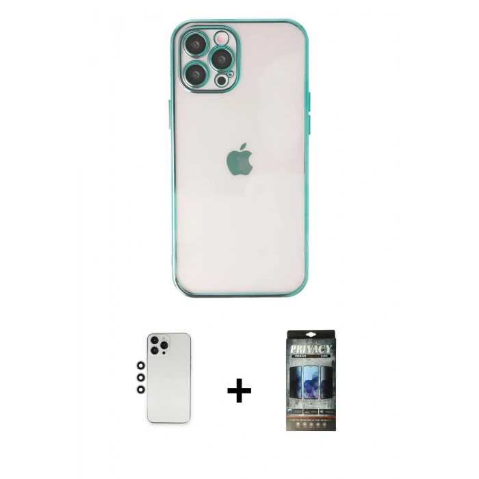 MARSİLYAN™- iPhone 12 Pro Kılıf Vadi Minimal - Siyah 34D Hayalet Izgaralı Cam + Shine Kamera Lens - GS
