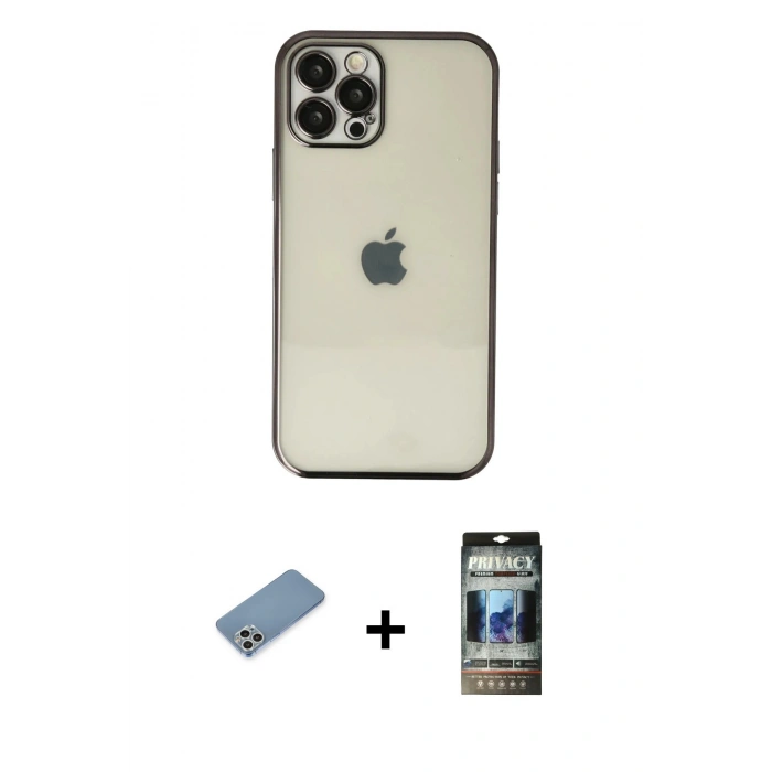 MARSİLYAN™- iPhone 12 Pro Kılıf Vadi Minimal - Siyah 34D Hayalet Izgaralı Cam + Gümüş Shine Kamera Lens Koruma Cam