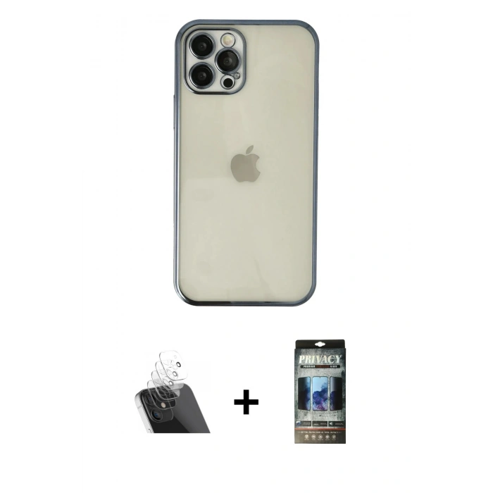 MARSİLYAN™- iPhone 12 Pro Kılıf Vadi Minimal - Siyah 34D Hayalet Izgaralı Cam + Kamera Lens Koruma Cam - SF