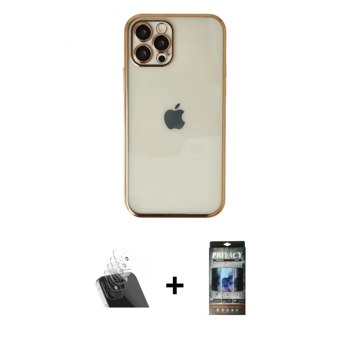 MARSİLYAN™- iPhone 12 Pro Kılıf Vadi Minimal - Siyah 34D Hayalet Izgaralı Cam + Kamera Lens Koruma Cam - SF