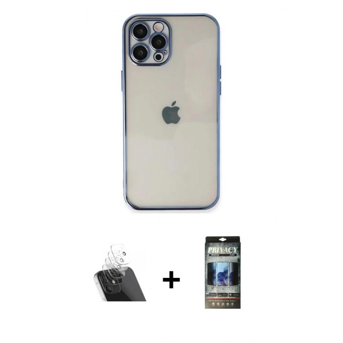 MARSİLYAN™- iPhone 12 Pro Kılıf Vadi Minimal - Siyah 34D Hayalet Izgaralı Cam + Kamera Lens Koruma Cam - SF
