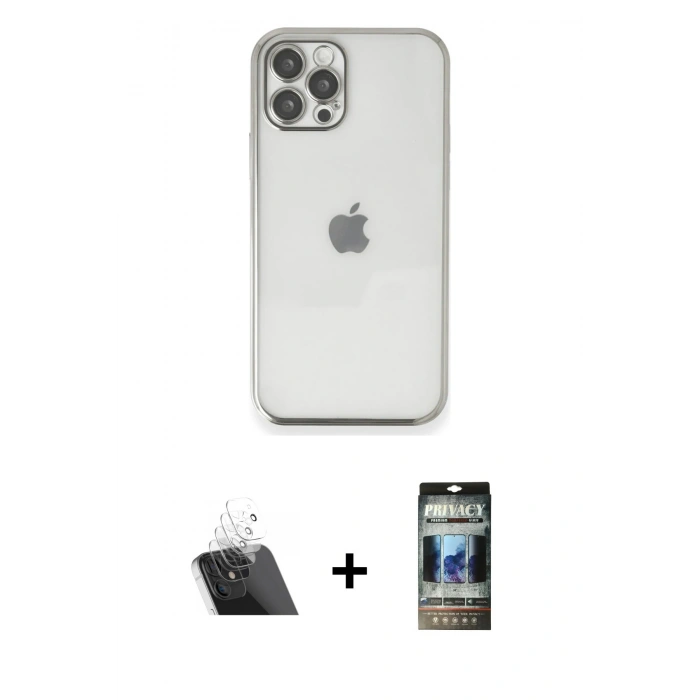 MARSİLYAN™- iPhone 12 Pro Kılıf Vadi Minimal - Siyah 34D Hayalet Izgaralı Cam + Kamera Lens Koruma Cam - SF