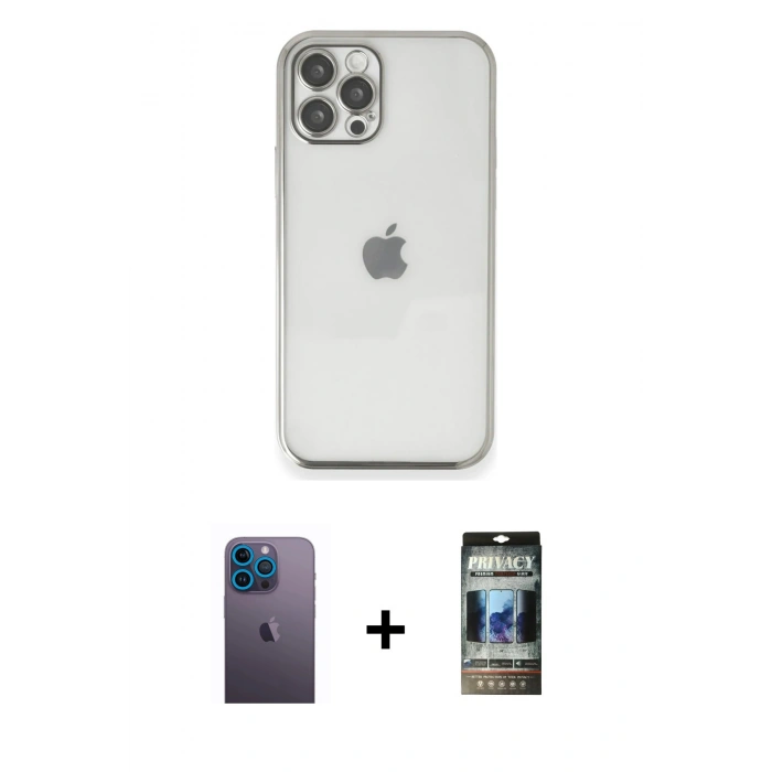 MARSİLYAN™- iPhone 12 Pro Kılıf Vadi Minimal - Siyah 34D Hayalet Izgaralı Cam + Neon Fosforlu Kamera Lens - MI