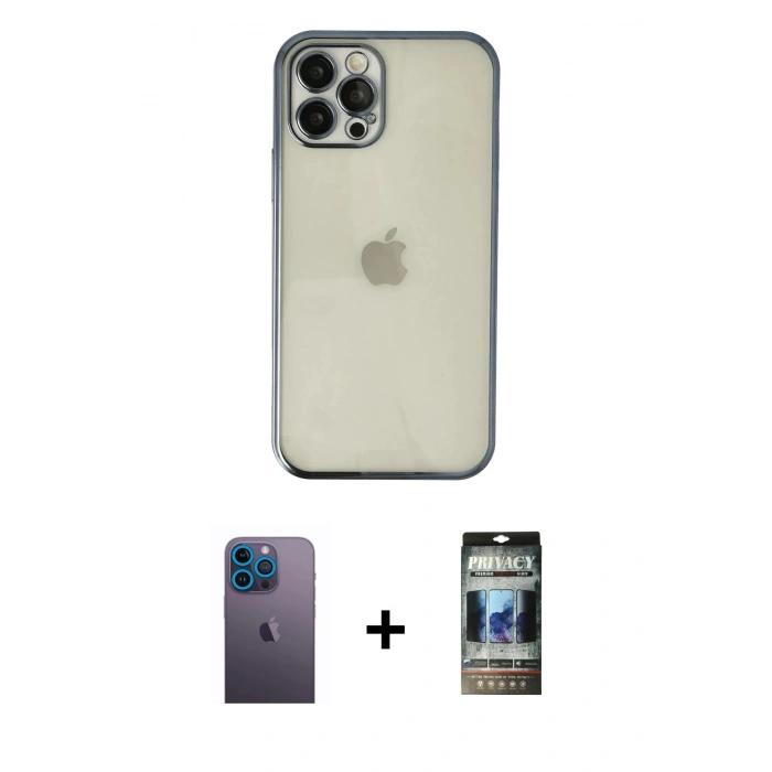 MARSİLYAN™- iPhone 12 Pro Kılıf Vadi Minimal - Siyah 34D Hayalet Izgaralı Cam + Neon Fosforlu Kamera Lens - MI