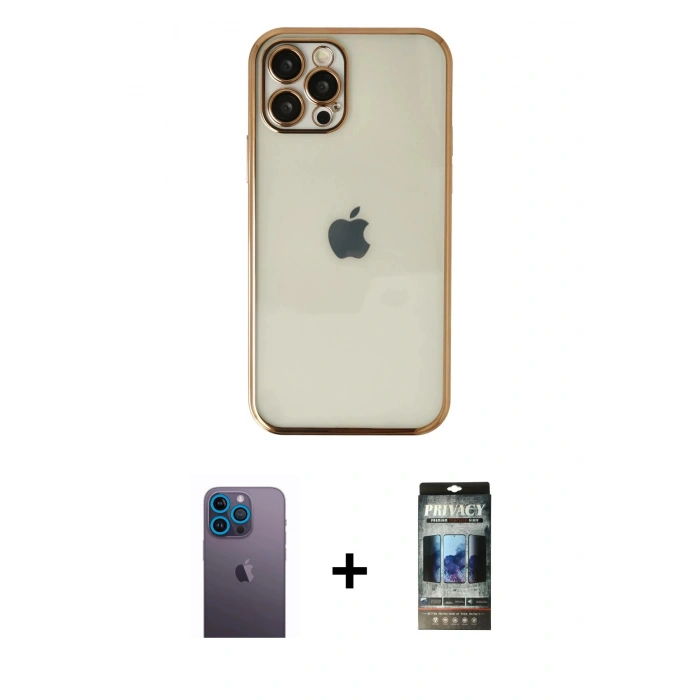 MARSİLYAN™- iPhone 12 Pro Kılıf Vadi Minimal - Siyah 34D Hayalet Izgaralı Cam + Neon Fosforlu Kamera Lens - MI