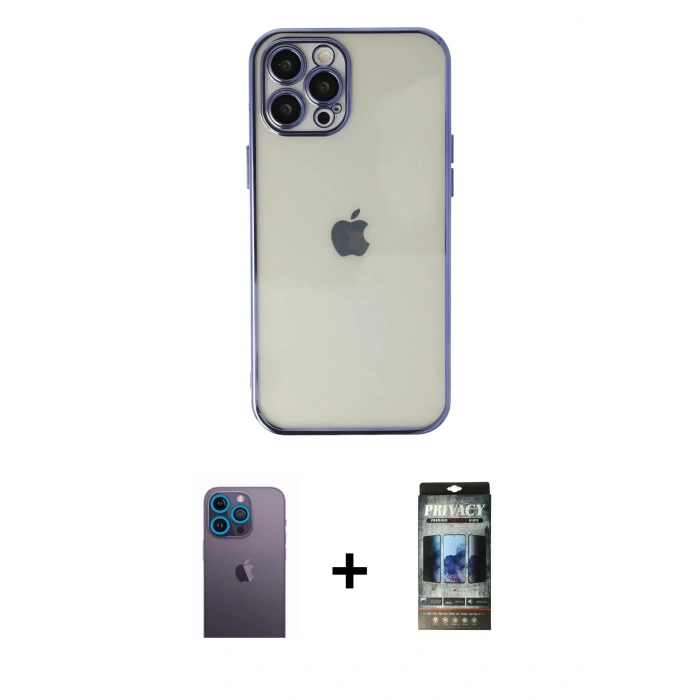 MARSİLYAN™- iPhone 12 Pro Kılıf Vadi Minimal - Siyah 34D Hayalet Izgaralı Cam + Neon Fosforlu Kamera Lens - MI
