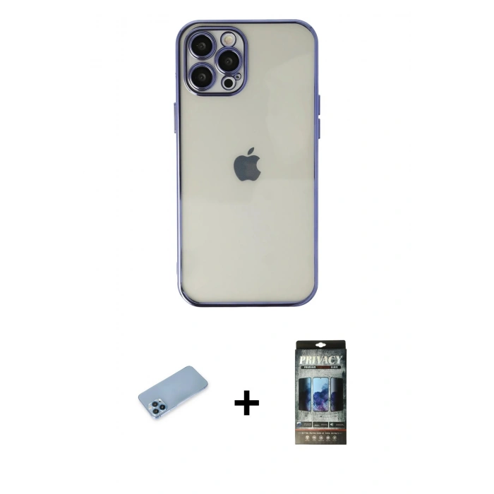 MARSİLYAN™- iPhone 12 Pro Kılıf Vadi Minimal - Siyah 34D Hayalet Izgaralı Cam + Shine Kamera Lens Koruma Cam - MI