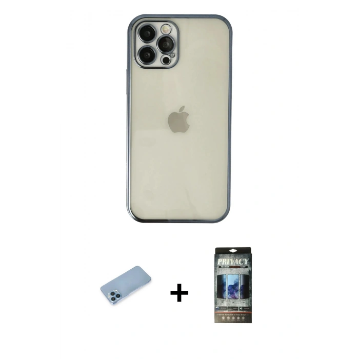 MARSİLYAN™- iPhone 12 Pro Kılıf Vadi Minimal - Siyah 34D Hayalet Izgaralı Cam + Shine Kamera Lens Koruma Cam - MI