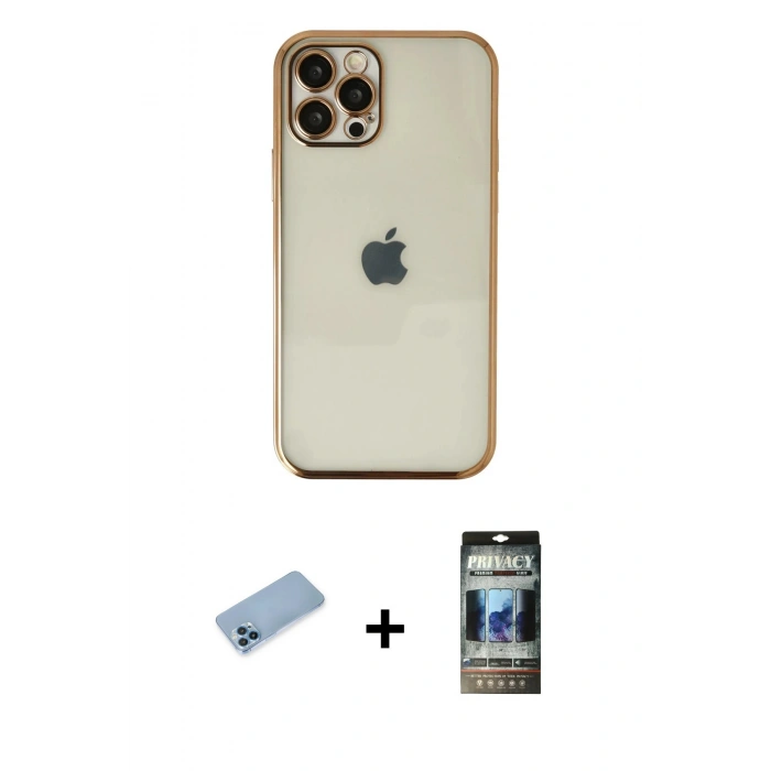 MARSİLYAN™- iPhone 12 Pro Kılıf Vadi Minimal - Siyah 34D Hayalet Izgaralı Cam + Shine Kamera Lens Koruma Cam - MI