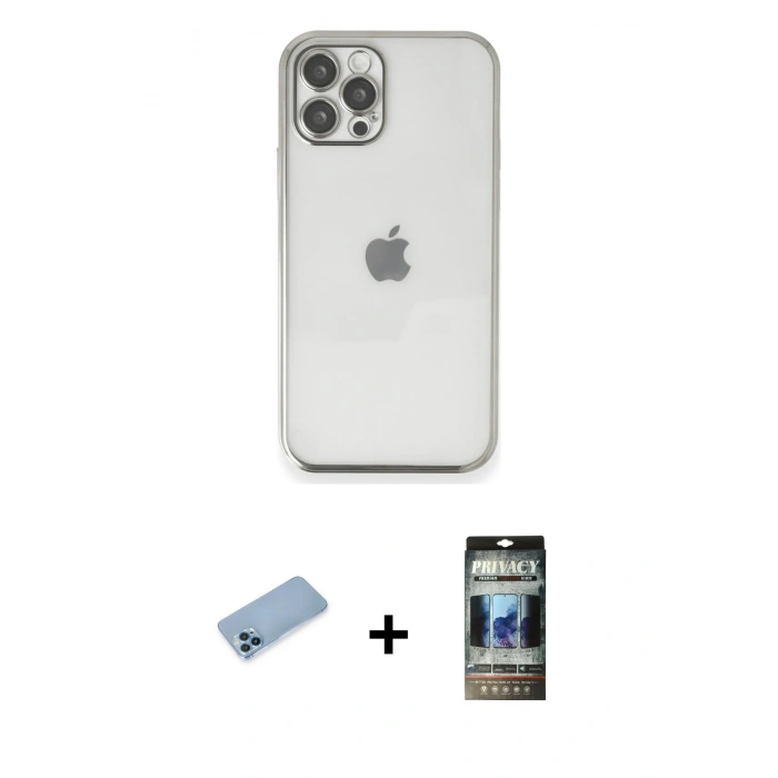 MARSİLYAN™- iPhone 12 Pro Kılıf Vadi Minimal - Siyah 34D Hayalet Izgaralı Cam + Shine Kamera Lens Koruma Cam - MI