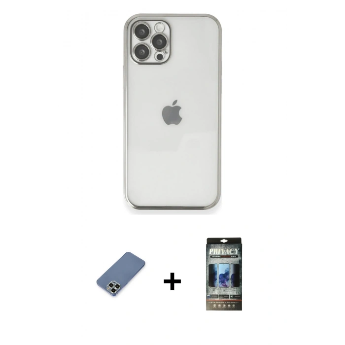 MARSİLYAN™- iPhone 12 Pro Kılıf Vadi Minimal - Siyah 34D Hayalet Izgaralı Cam + Metal Kamera Lens Koruma Cam - AKYL