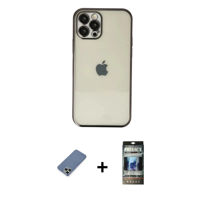 MARSİLYAN™- iPhone 12 Pro Kılıf Vadi Minimal - Siyah 34D Hayalet Izgaralı Cam + Metal Kamera Lens Koruma Cam - AKYL