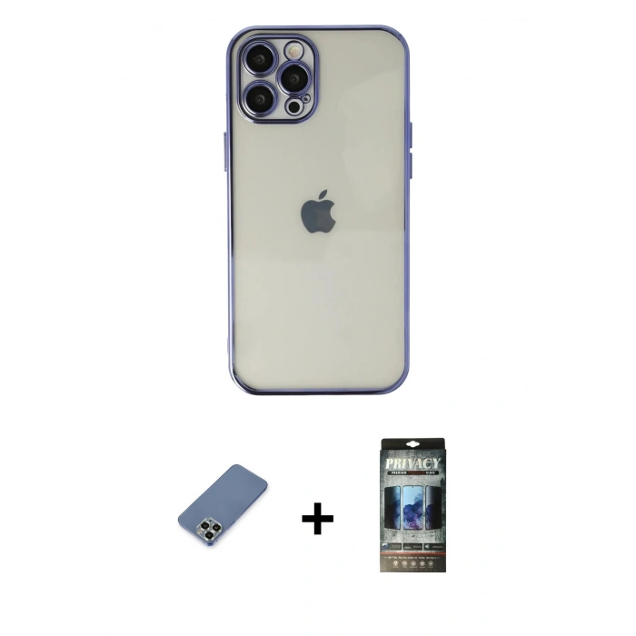 MARSİLYAN™- iPhone 12 Pro Kılıf Vadi Minimal - Siyah 34D Hayalet Izgaralı Cam + Metal Kamera Lens Koruma Cam - AKYL