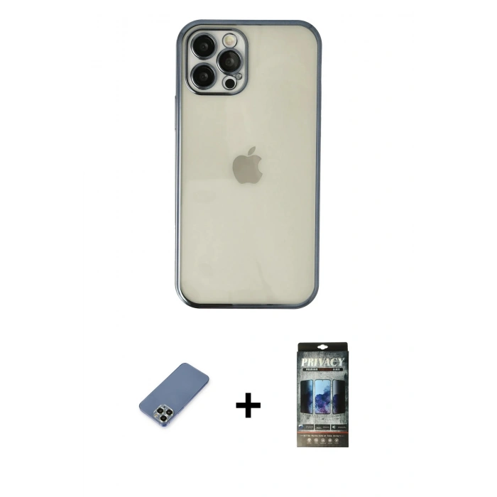 MARSİLYAN™- iPhone 12 Pro Kılıf Vadi Minimal - Siyah 34D Hayalet Izgaralı Cam + Metal Kamera Lens Koruma Cam - AKYL