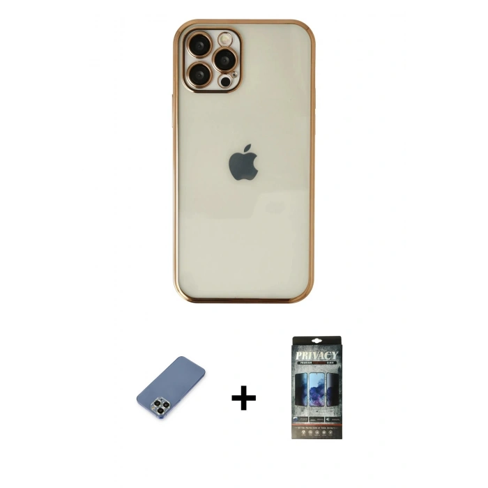 MARSİLYAN™- iPhone 12 Pro Kılıf Vadi Minimal - Siyah 34D Hayalet Izgaralı Cam + Metal Kamera Lens Koruma Cam - AKYL