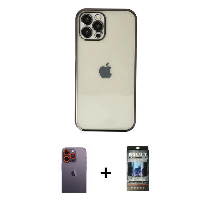 MARSİLYAN™- iPhone 12 Pro Kılıf Vadi Minimal - Siyah 34D Hayalet Izgaralı Cam + Neon Fosforlu Kamera Lens - TU