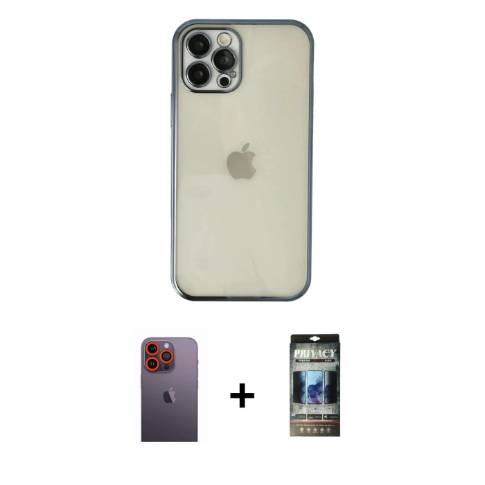 MARSİLYAN™- iPhone 12 Pro Kılıf Vadi Minimal - Siyah 34D Hayalet Izgaralı Cam + Neon Fosforlu Kamera Lens - TU