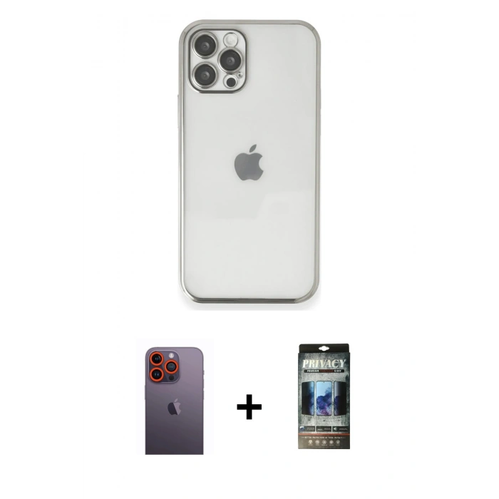 MARSİLYAN™- iPhone 12 Pro Kılıf Vadi Minimal - Siyah 34D Hayalet Izgaralı Cam + Neon Fosforlu Kamera Lens - TU