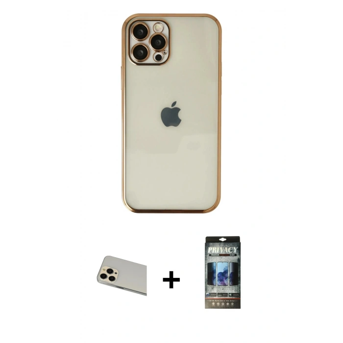 MARSİLYAN™- iPhone 12 Pro Kılıf Vadi Minimal - Siyah 34D Hayalet Izgaralı Cam + Rainbow Kamera Lens Koruma Cam - GD