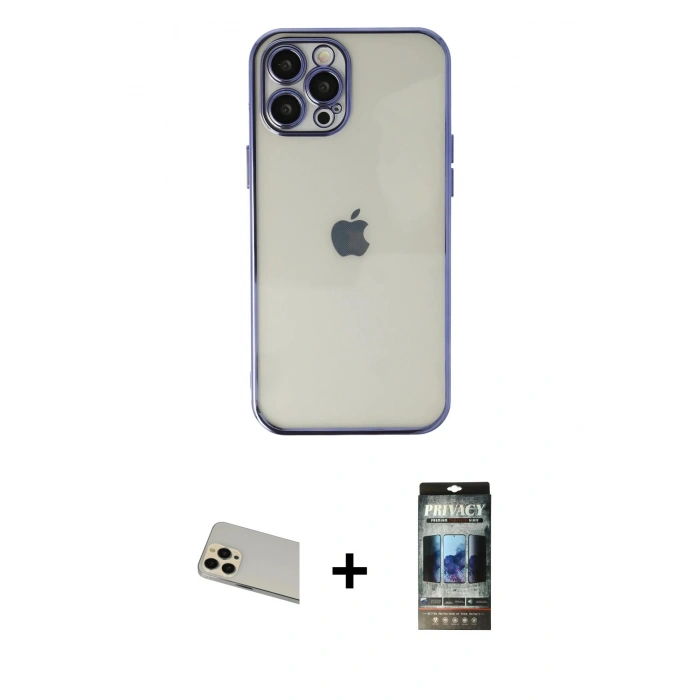 MARSİLYAN™- iPhone 12 Pro Kılıf Vadi Minimal - Siyah 34D Hayalet Izgaralı Cam + Rainbow Kamera Lens Koruma Cam - GD