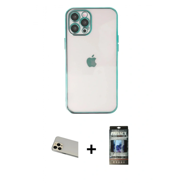 MARSİLYAN™- iPhone 12 Pro Kılıf Vadi Minimal - Siyah 34D Hayalet Izgaralı Cam + Rainbow Kamera Lens Koruma Cam - GD