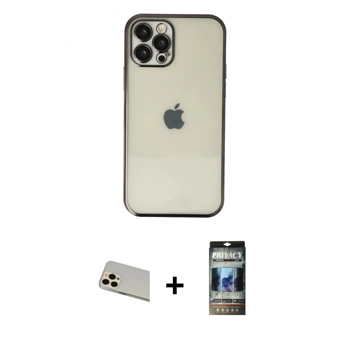 MARSİLYAN™- iPhone 12 Pro Kılıf Vadi Minimal - Siyah 34D Hayalet Izgaralı Cam + Rainbow Kamera Lens Koruma Cam - GD