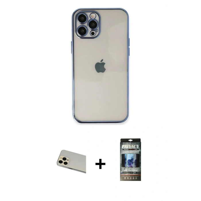 MARSİLYAN™- iPhone 12 Pro Kılıf Vadi Minimal - Siyah 34D Hayalet Izgaralı Cam + Rainbow Kamera Lens Koruma Cam - GD