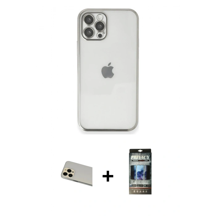 MARSİLYAN™- iPhone 12 Pro Kılıf Vadi Minimal - Siyah 34D Hayalet Izgaralı Cam + Rainbow Kamera Lens Koruma Cam - GD