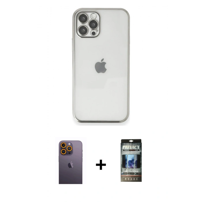 MARSİLYAN™- iPhone 12 Pro Kılıf Vadi Minimal - Siyah 34D Hayalet Izgaralı Cam + Neon Fosforlu Kamera Lens - SI