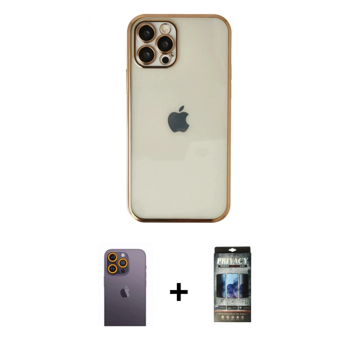 MARSİLYAN™- iPhone 12 Pro Kılıf Vadi Minimal - Siyah 34D Hayalet Izgaralı Cam + Neon Fosforlu Kamera Lens - SI