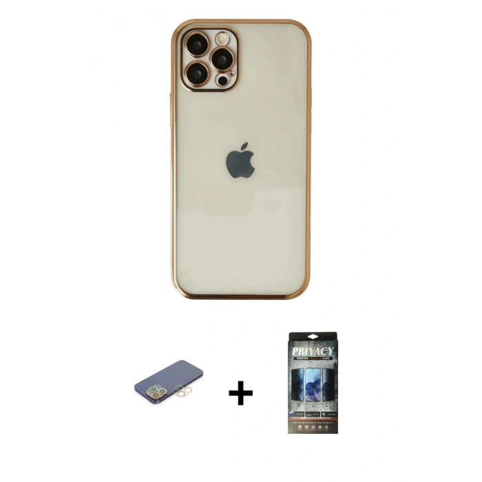 MARSİLYAN™- iPhone 12 Pro Kılıf Vadi Minimal - Siyah 34D Hayalet Izgaralı Cam + Renkli Kamera Lens Koruma Cam - SI