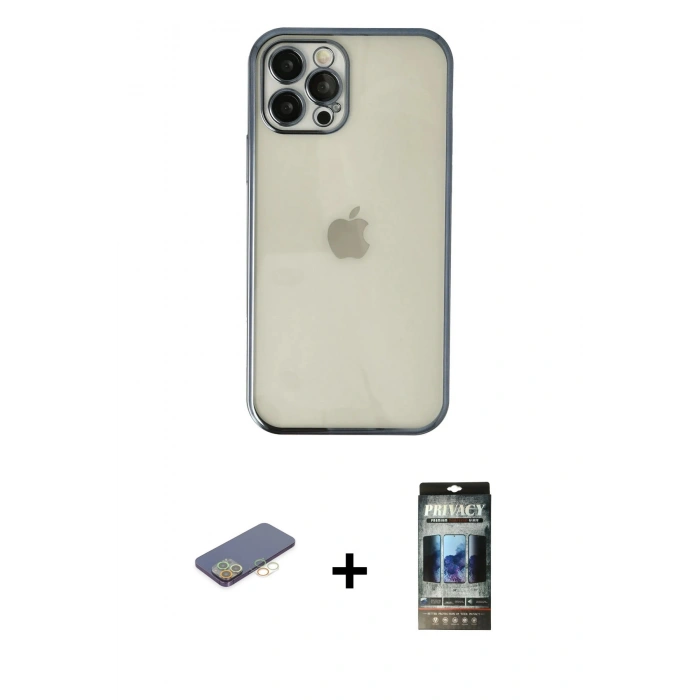 MARSİLYAN™- iPhone 12 Pro Kılıf Vadi Minimal - Siyah 34D Hayalet Izgaralı Cam + Renkli Kamera Lens Koruma Cam - SI