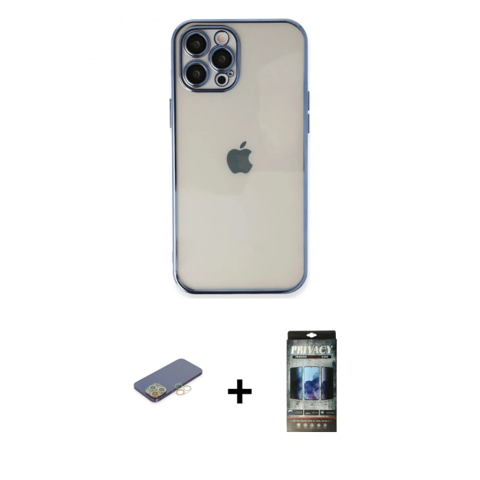 MARSİLYAN™- iPhone 12 Pro Kılıf Vadi Minimal - Siyah 34D Hayalet Izgaralı Cam + Renkli Kamera Lens Koruma Cam - SI