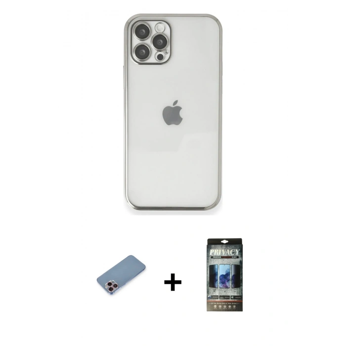 MARSİLYAN™- iPhone 12 Pro Kılıf Vadi Minimal - Siyah 34D Hayalet Izgaralı Cam + Shine Kamera Lens Koruma Cam - PE