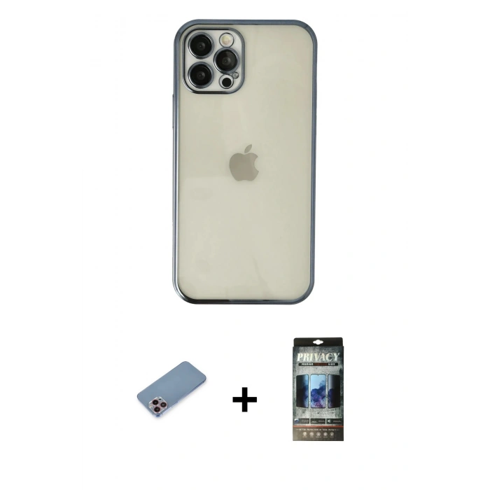 MARSİLYAN™- iPhone 12 Pro Kılıf Vadi Minimal - Siyah 34D Hayalet Izgaralı Cam + Shine Kamera Lens Koruma Cam - PE