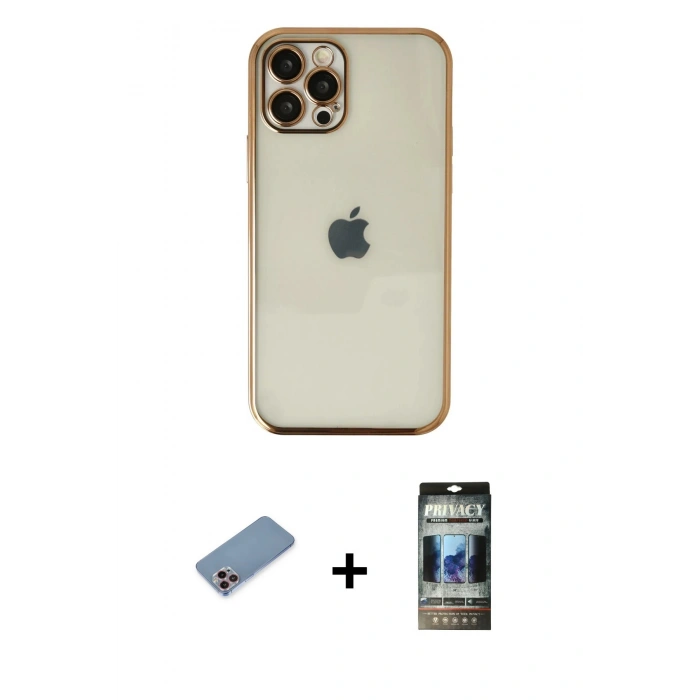 MARSİLYAN™- iPhone 12 Pro Kılıf Vadi Minimal - Siyah 34D Hayalet Izgaralı Cam + Shine Kamera Lens Koruma Cam - PE