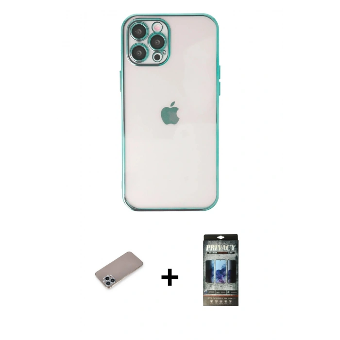 MARSİLYAN™- iPhone 12 Pro Kılıf Vadi Minimal - Siyah 34D Hayalet Izgaralı Cam + Shine Kamera Lens Koruma Cam - SABE