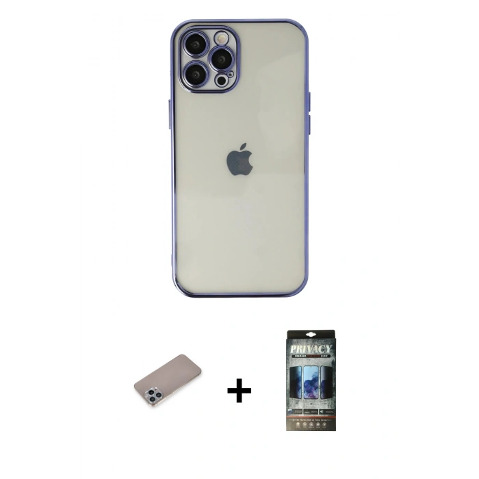 MARSİLYAN™- iPhone 12 Pro Kılıf Vadi Minimal - Siyah 34D Hayalet Izgaralı Cam + Sierra Blue Shine Kamera Lens Koruma Cam