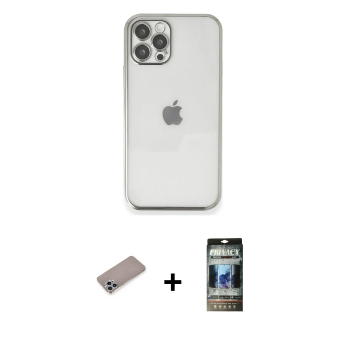 MARSİLYAN™- iPhone 12 Pro Kılıf Vadi Minimal - Siyah 34D Hayalet Izgaralı Cam + Sierra Blue Shine Kamera Lens Koruma Cam