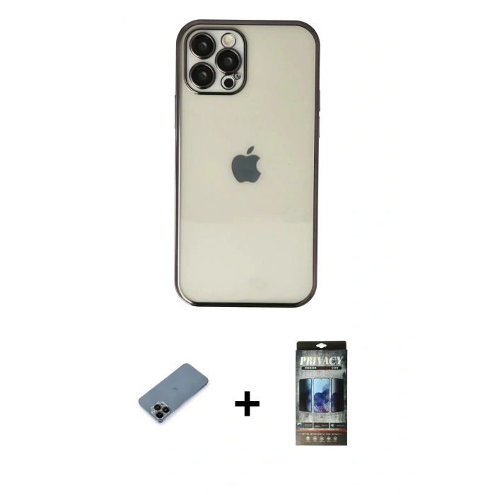 MARSİLYAN™- iPhone 12 Pro Kılıf Vadi Minimal - Siyah 34D Hayalet Izgaralı Cam + Shine Kamera Lens Koruma Cam - SH