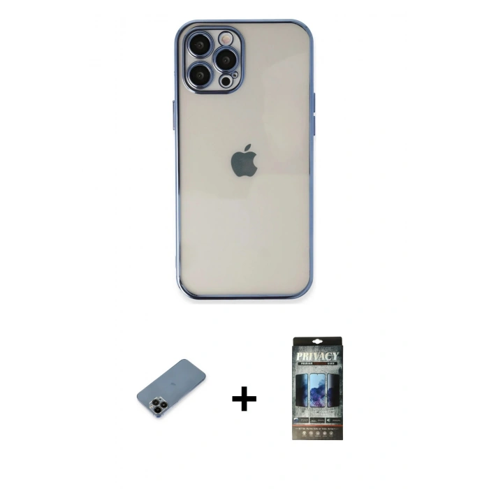 MARSİLYAN™- iPhone 12 Pro Kılıf Vadi Minimal - Siyah 34D Hayalet Izgaralı Cam + Shine Kamera Lens Koruma Cam - SH