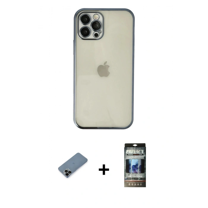 MARSİLYAN™- iPhone 12 Pro Kılıf Vadi Minimal - Siyah 34D Hayalet Izgaralı Cam + Shine Kamera Lens Koruma Cam - SH