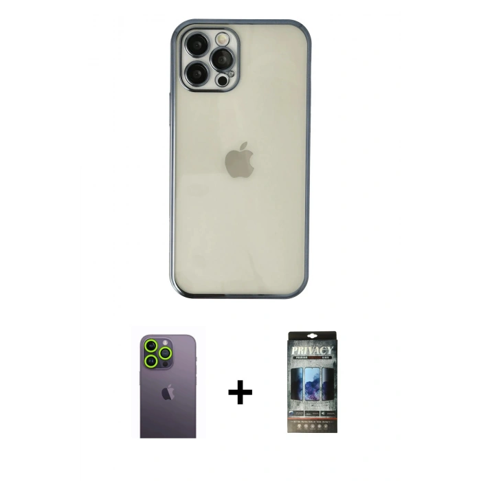 MARSİLYAN™- iPhone 12 Pro Kılıf Vadi Minimal - Siyah 34D Hayalet Izgaralı Cam + Neon Fosforlu Kamera Lens - YL