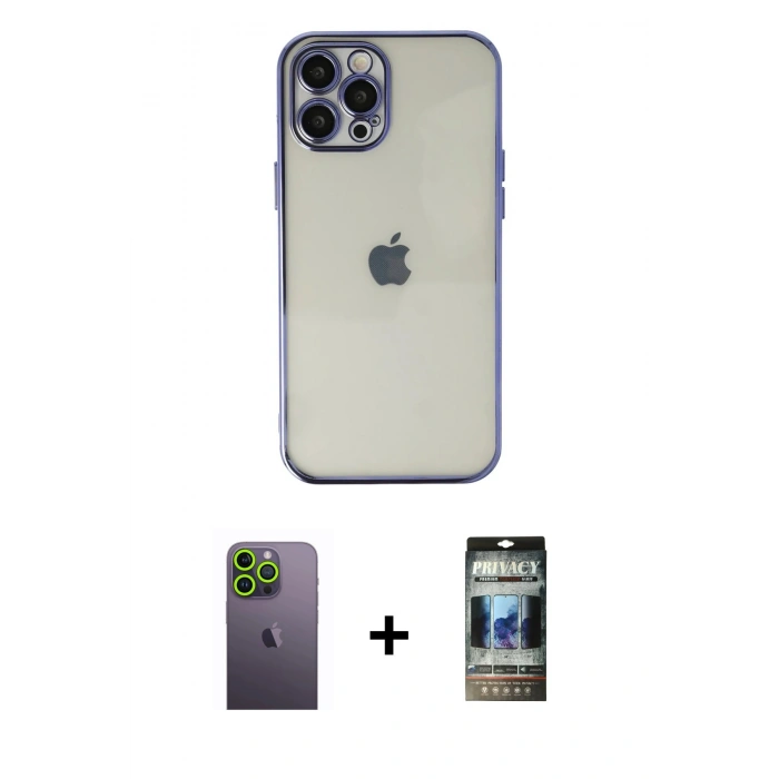 MARSİLYAN™- iPhone 12 Pro Kılıf Vadi Minimal - Siyah 34D Hayalet Izgaralı Cam + Neon Fosforlu Kamera Lens - YL