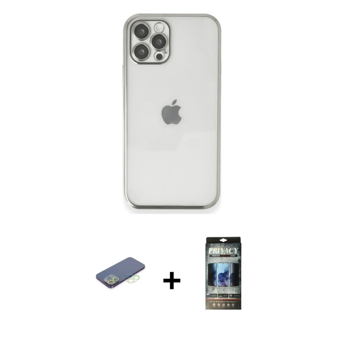 MARSİLYAN™- iPhone 12 Pro Kılıf Vadi Minimal - Siyah 34D Hayalet Izgaralı Cam + Renkli Kamera Lens Koruma Cam - YL