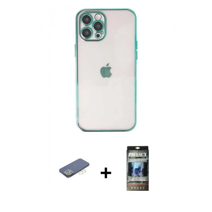 MARSİLYAN™- iPhone 12 Pro Kılıf Vadi Minimal - Siyah 34D Hayalet Izgaralı Cam + Renkli Kamera Lens Koruma Cam - YL