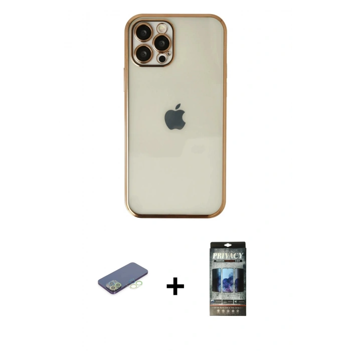 MARSİLYAN™- iPhone 12 Pro Kılıf Vadi Minimal - Siyah 34D Hayalet Izgaralı Cam + Renkli Kamera Lens Koruma Cam - YL