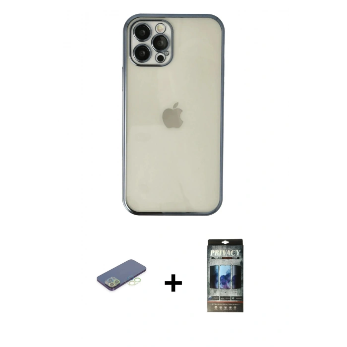 MARSİLYAN™- iPhone 12 Pro Kılıf Vadi Minimal - Siyah 34D Hayalet Izgaralı Cam + Renkli Kamera Lens Koruma Cam - YL