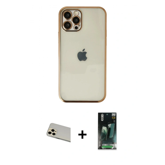 MARSİLYAN™- iPhone 12 Pro Kılıf Vadi Minimal - Siyah 360 Mat Full Body Arka Koruyucu + Rainbow Kamera Lens Koruma Cam - GD